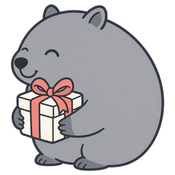 Gift Wombat mascot: a gray wombat hugging a present